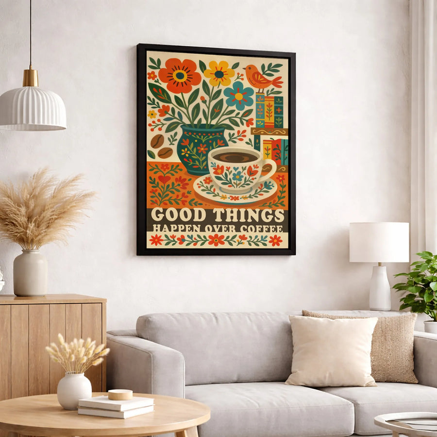 Good Things Happen Over Coffee Canvas | Folk Art Botanical Wall Decor | Premium Fade-Resistant Print | Cozy Kitchen & Coffee Bar Gift