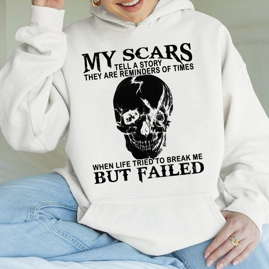 My Scars Tell A Story Hoodie | Gothic Skull Graphic Pullover | Premium Cotton-Poly Blend | Inspirational Quote Gift for Strength and Resilience
