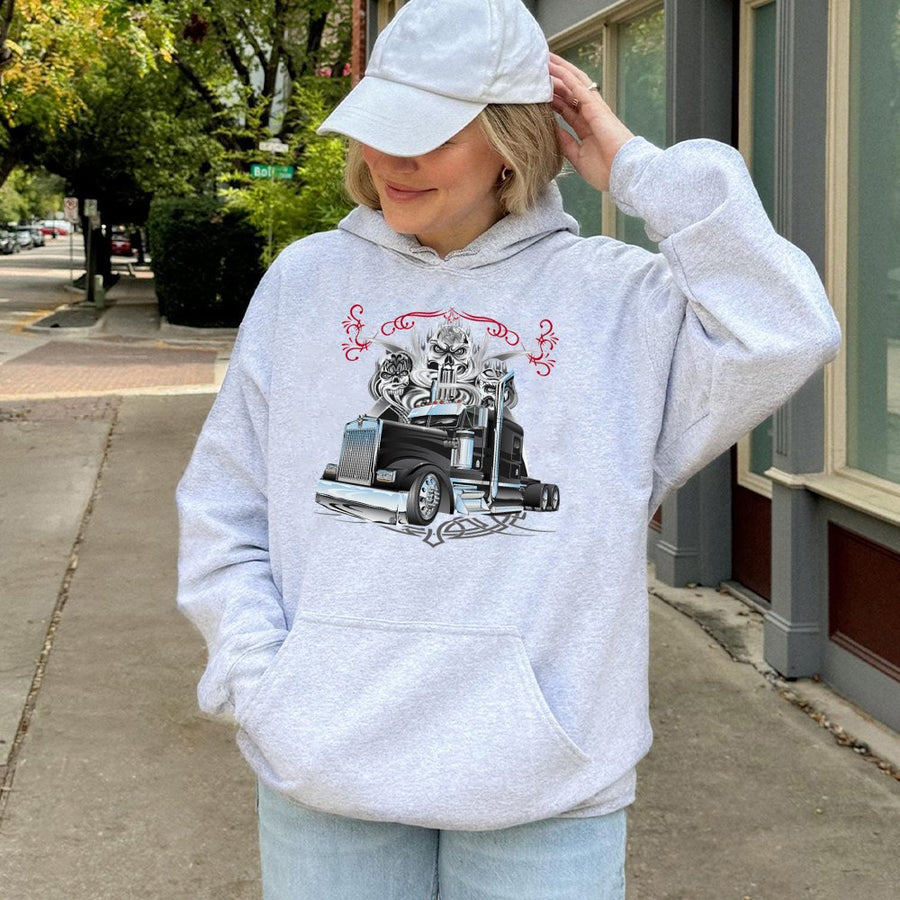 Semi Truck Hoodie | Gothic Skull Graphic Design | Premium Cotton Blend | Gift For Truckers And Big Rig Lovers