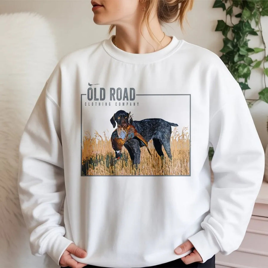 German Shorthaired Pointer Sweatshirt | GSP Pheasant Hunting Graphic | Premium Cotton Blend | Upland Bird Dog Hunter Gift for Men and Women