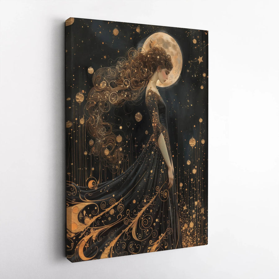 Celestial Moon Goddess Wall Art | Ethereal Gold and Black Witchy Decor | Premium Gallery Canvas | Mystical Fantasy Home Gift
