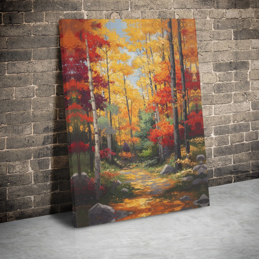 Autumn Forest Canvas Wall Art | Impressionist Fall Path Oil Painting Style | Premium 1.25" Gallery Wrap | Nature Lover Home Decor Gift