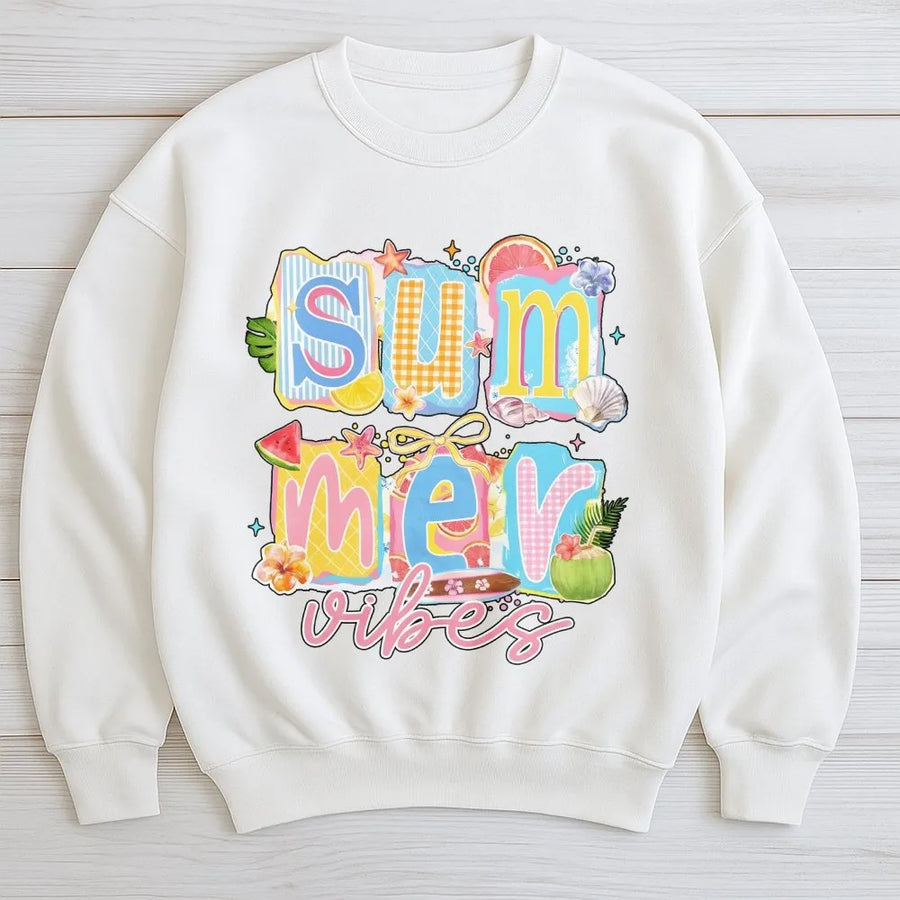 Summer Vibes Sweatshirt | Retro Collage Beach Graphic | Soft Cotton Graphic Tee | Cute Vacation Gift for Women