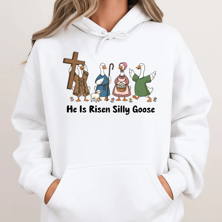 He Is Risen Silly Goose Hoodie | Christian Easter Graphic Sweatshirt | Soft Cotton Blend Apparel | Religious Spring Holiday Gift For Women