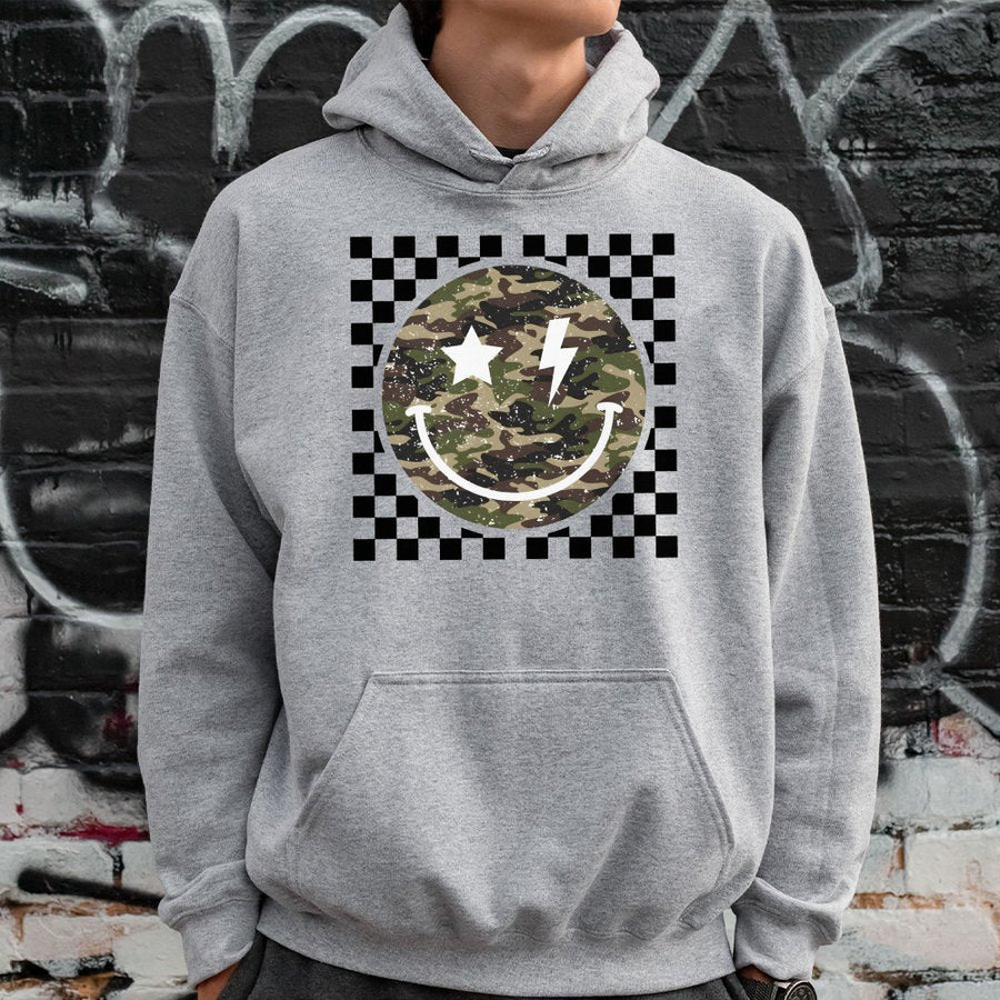 Camo Smiley Face Hoodie | Checkered Print with Lightning Bolt | Premium Cotton Blend | Trendy Streetwear Gift for Women and Men