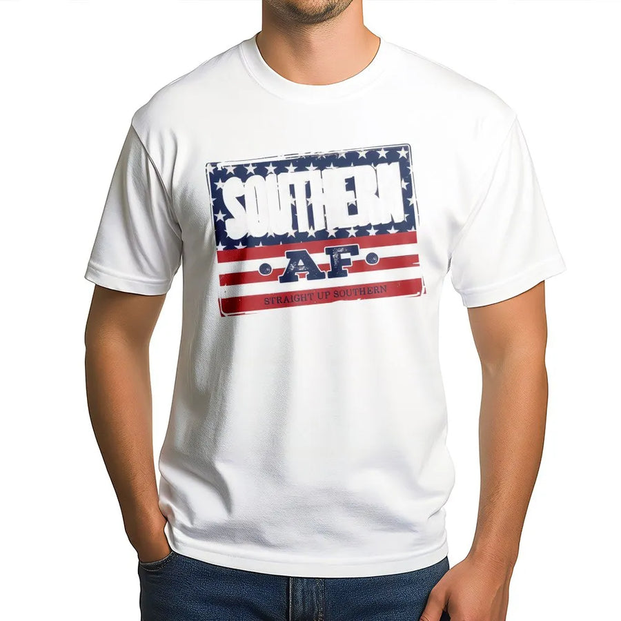 Southern AF Graphic T-Shirt | Distressed American Flag Design | Premium Soft Cotton | Funny Southern Pride Gift for Southerners