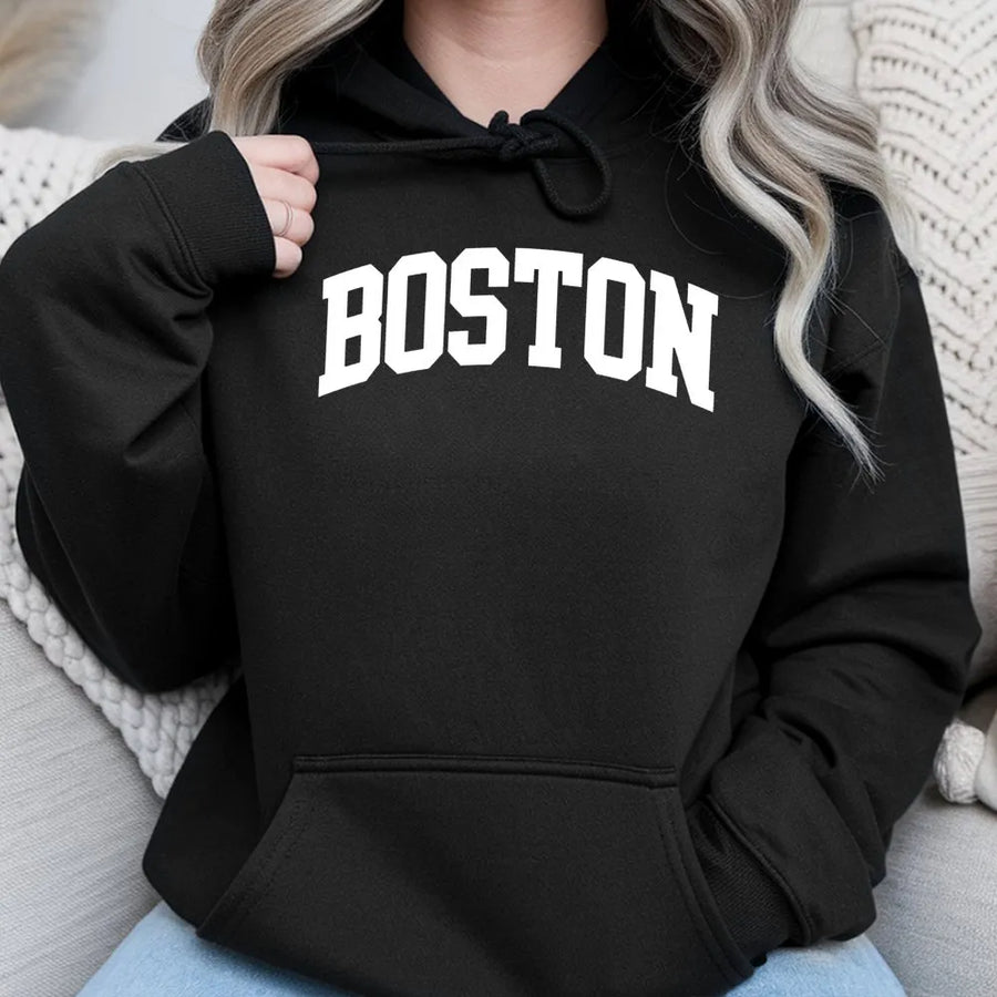 Boston Varsity Hoodie | Retro Arch Lettering Graphic | Premium Cotton Blend | Unisex Streetwear Gift for Men and Women