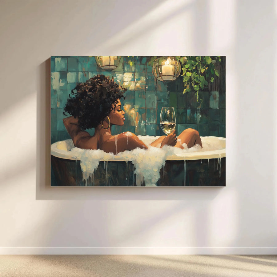 Black Woman Relaxing in Bath Canvas Art | Afro Hair Portrait with Wine | Premium Gallery Wrap Wall Decor | Self-Care Bathroom Wall Art Gift
