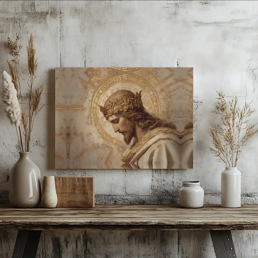 Jesus Portrait Canvas Print | Gold Crown And Halo Religious Wall Art | Premium Gallery Wrap | Christian Home Decor Gift