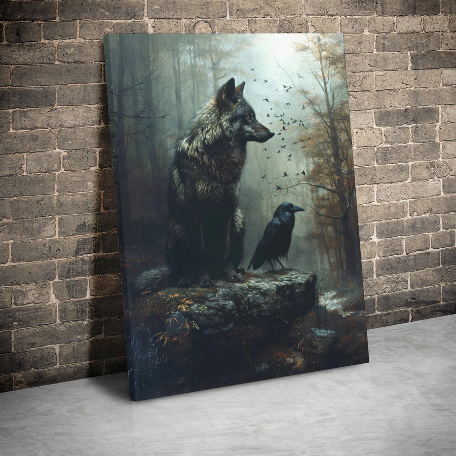 Wolf And Raven Canvas Wall Art | Dark Forest Mystical Wildlife Print | Premium 1.25 inch Gallery Wrap | Gothic Home Decor For Nature Lovers
