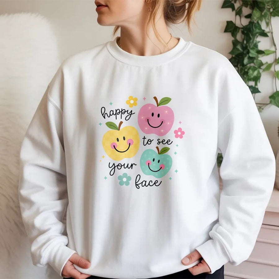 Teacher Sweatshirt | Happy To See Your Face Cute Apples Graphic | Premium Cotton Blend | Gift for Elementary Teacher Back to School