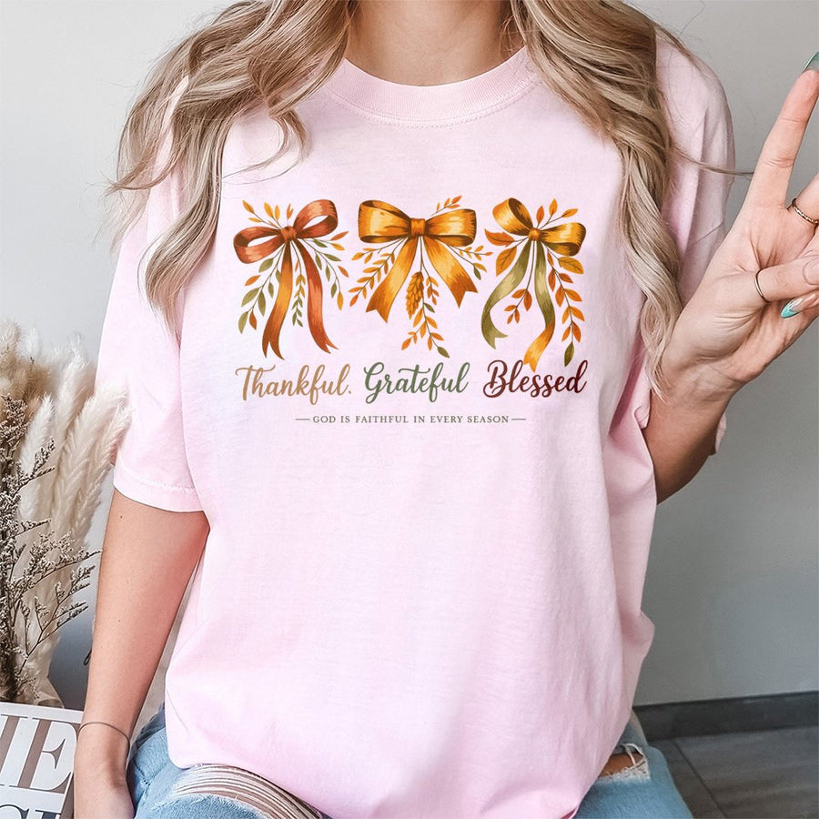 Thankful Grateful Blessed T-Shirt | Fall Aesthetic Coquette Bows Design | 100% Premium Cotton | Christian Thanksgiving Gift for Her