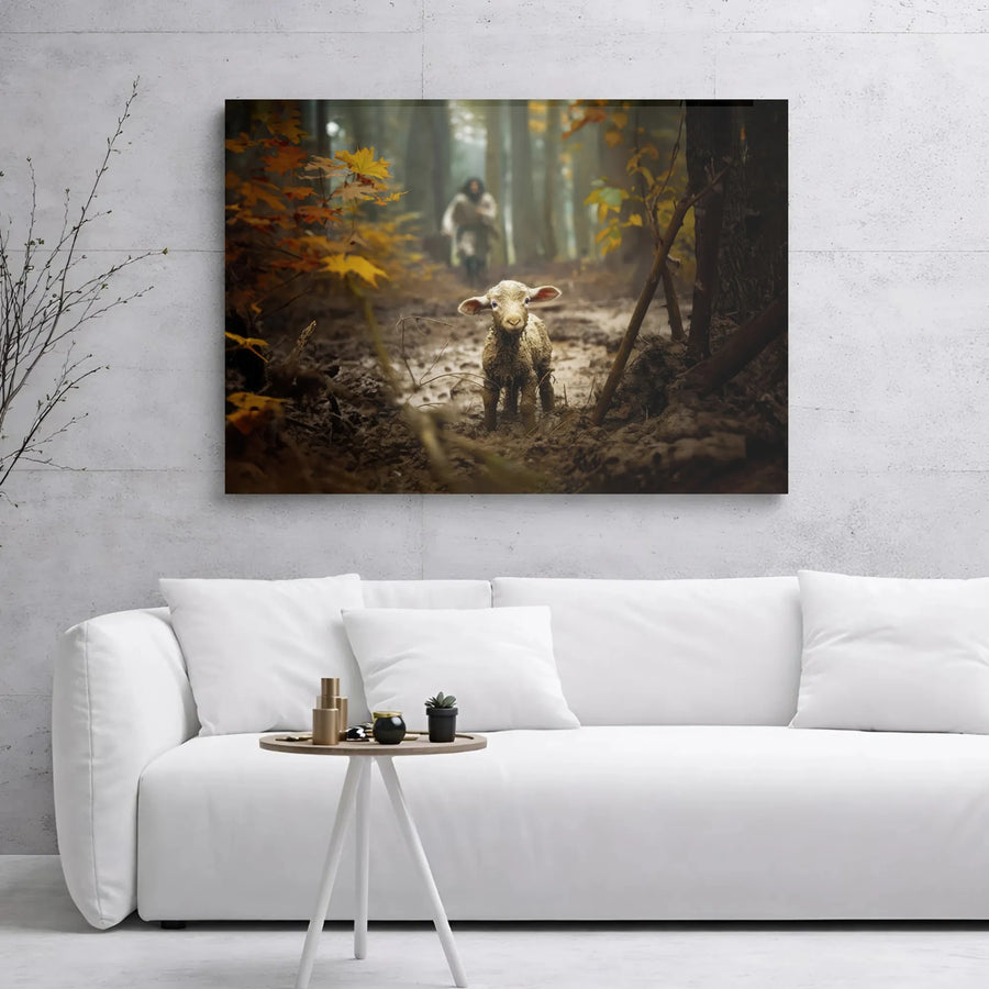 Jesus The Good Shepherd Canvas Art | Lost Lamb In Muddy Forest Print | 1.25 Inch Gallery Wrap Wall Decor | Christian Religious Home Gift