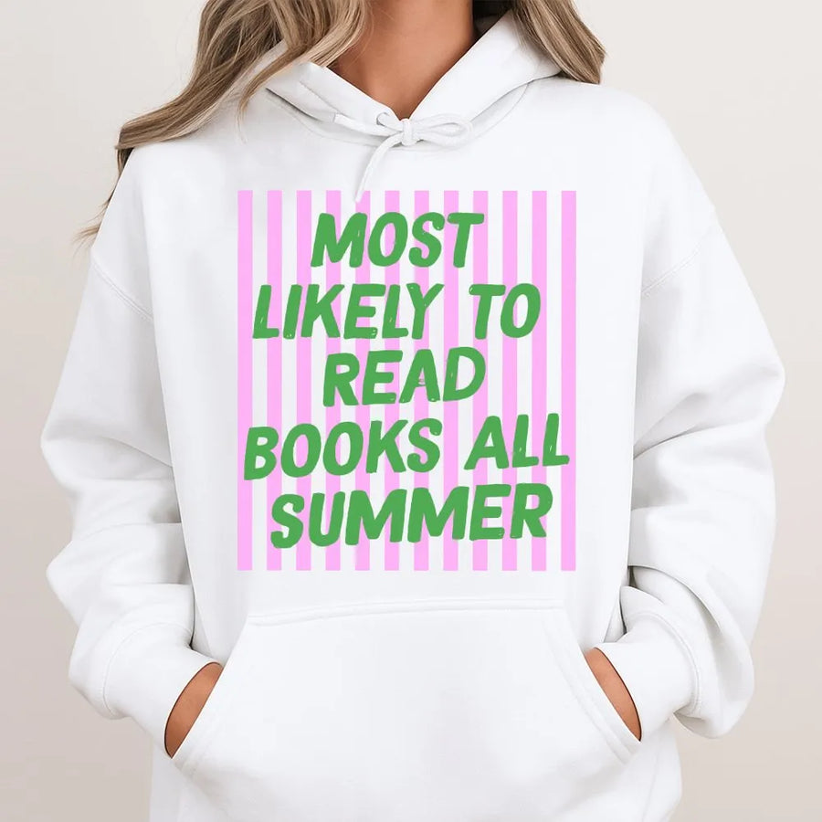 Summer Reading Hoodie | Most Likely To Read Books All Summer Sweatshirt | Premium Cotton-Blend | Funny Gift for Bookworm or Librarian