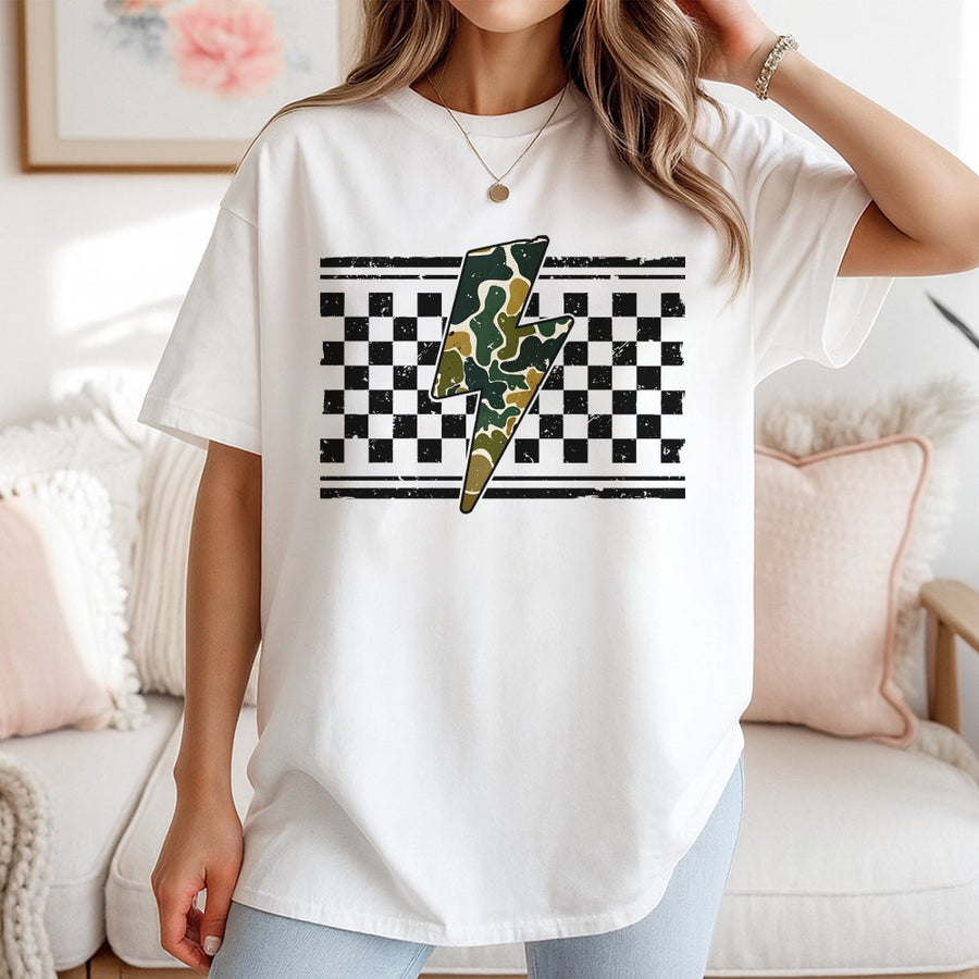 Checkered Camo Lightning Bolt T-Shirt | Distressed Graphic Print | 100% Soft Cotton Tee | Trendy Unisex Hunting Gift for Mom or Her
