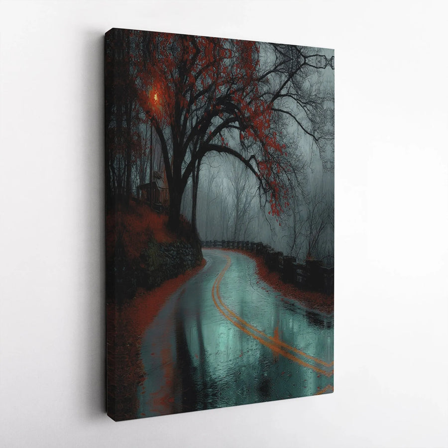 Autumn Forest Road Canvas Print | Foggy Moody Nature Wall Art | 1.25 Inch Gallery Wrap | Premium Landscape Decor for Living Room