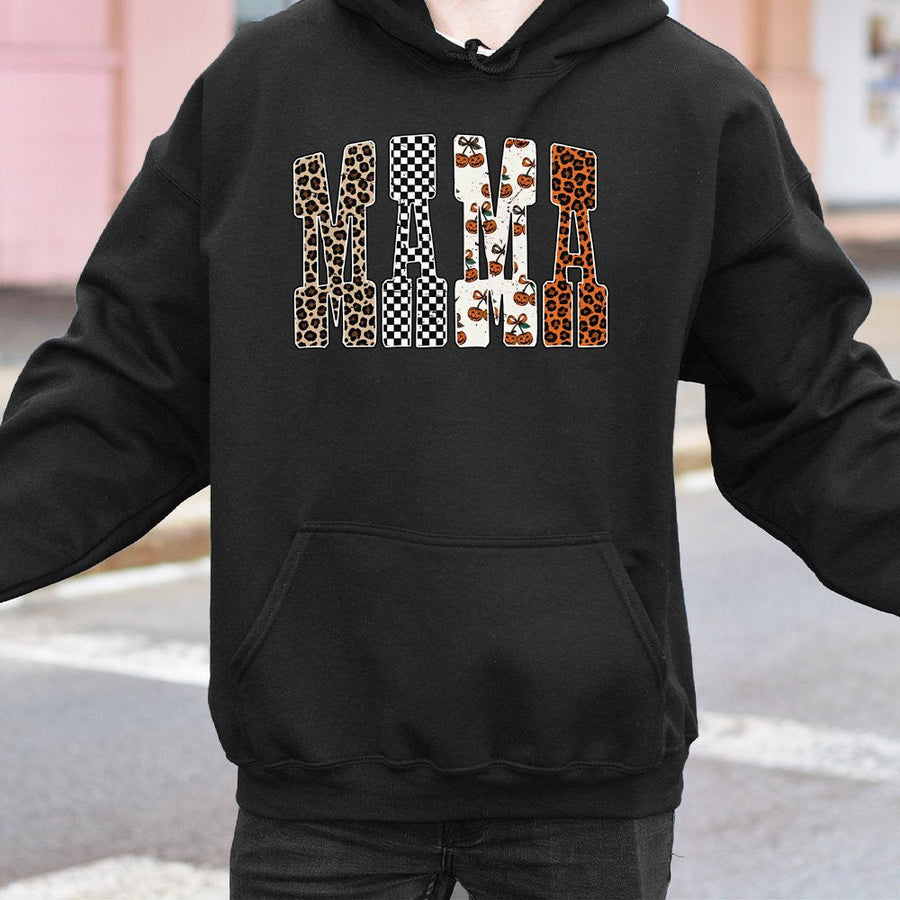 Halloween Mama Hoodie | Pumpkin Leopard Checkerboard Print | Premium Cotton-Blend Pullover | Cute Spooky Season Gift for Mom
