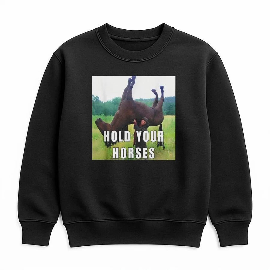 Hold Your Horses Funny Horse Meme Sweatshirt | Sarcastic Pun Graphic Print | Premium Cotton Blend | Gift For Horse Lover Men And Women