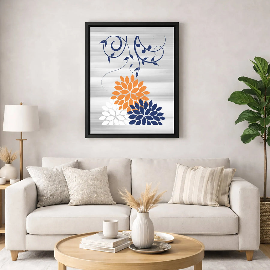 Abstract Floral Canvas Wall Art | Navy Orange White Botanical Print | Premium 1.25-Inch Gallery Wrap | Modern Home Office Decor Gift