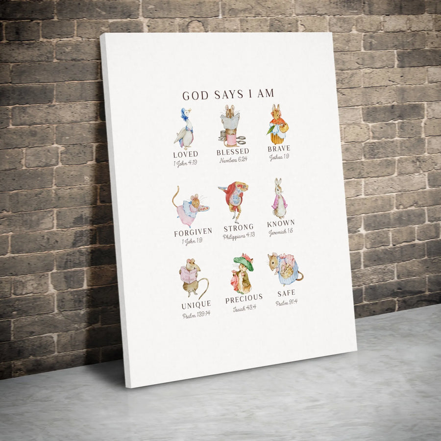 God Says I Am Wall Art | Whimsical Animal Watercolor Bible Verses | 1.25" Gallery Wrap Premium Canvas | Christian Nursery Decor & Baby Gift