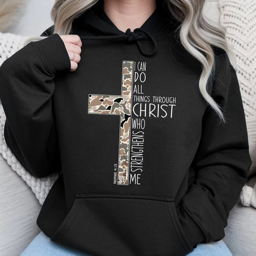 Philippians 4:13 Hoodie | Camo Cross Christian Faith Design | Premium Cotton Blend Fleece | Inspirational Religious Gift for Men and Women