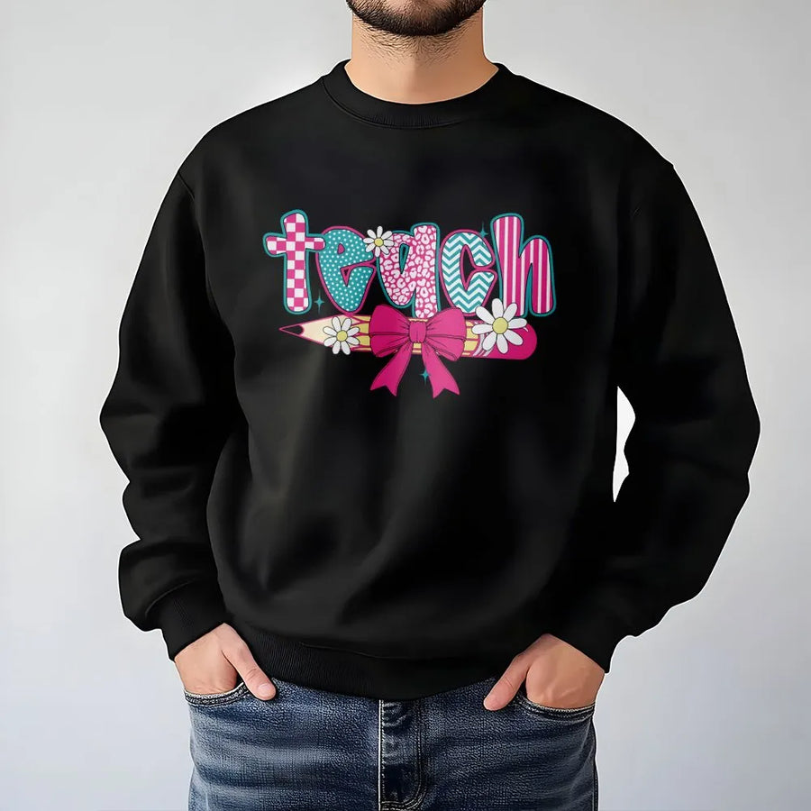 Coquette Teacher Sweatshirt | Retro Floral Pencil & Teach Graphic | Soft Cotton Tee | Teacher Appreciation Gift for Her