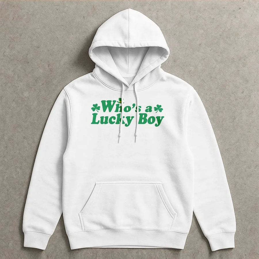 Who's A Lucky Boy Hoodie | Retro St. Patrick's Day Shamrock Graphic | Premium Cotton Blend | Funny Irish Gift For Men And Women