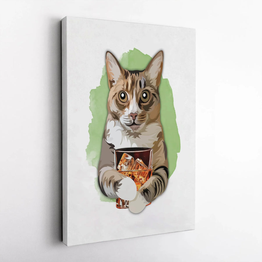 Tabby Cat Whiskey Canvas Wall Art | Funny Drinking Pet Portrait | Premium 1.25" Gallery Wrap | Gift for Cat Lovers & Bar Decor