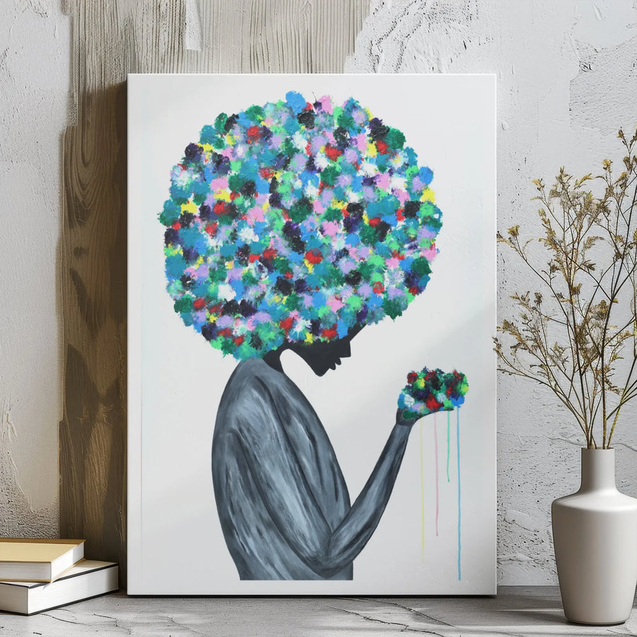 Black Woman Art Print | Colorful Floral Afro Abstract Canvas | Gallery Wrapped Premium Wall Decor | Inspiring Home Office Gift for Her