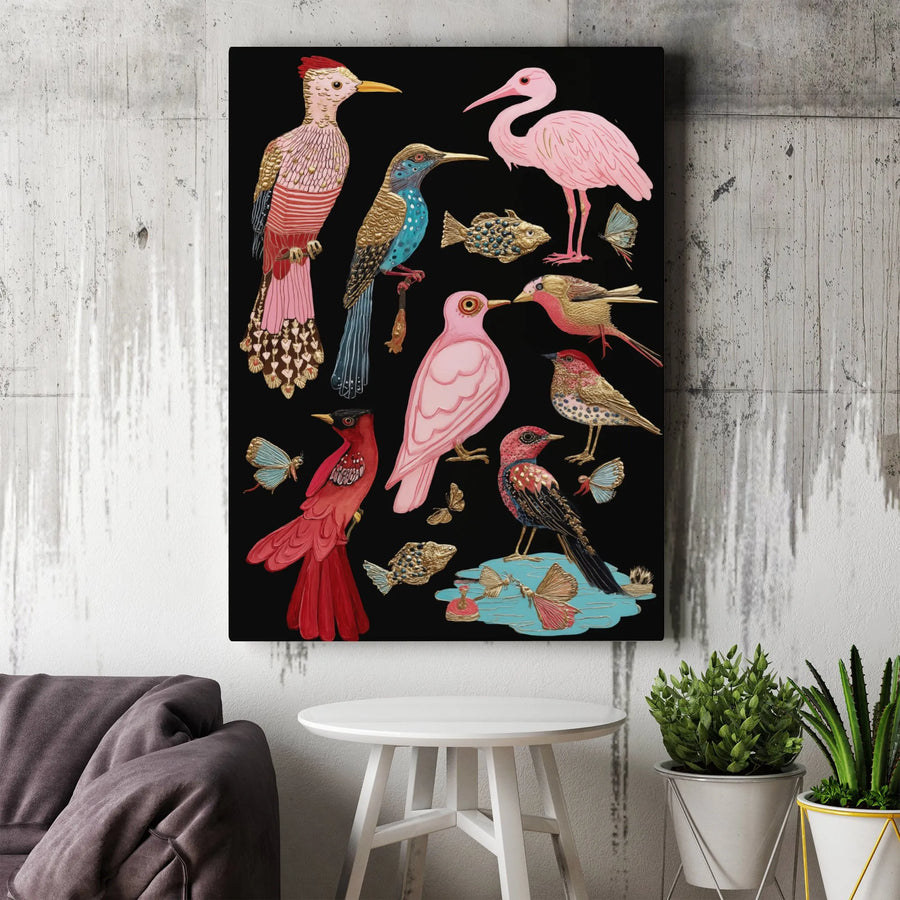 Colorful Bird and Butterfly Canvas Print | Botanical Illustration Wall Art | Premium Gallery-Wrap Decor | Nature Lover Gift Idea