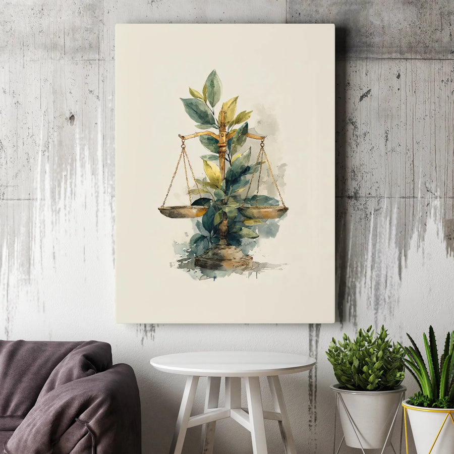 Scales of Justice Canvas Art | Watercolor Botanical Illustration | Premium Gallery Wrap Canvas | Law Office Decor Gift for Lawyer