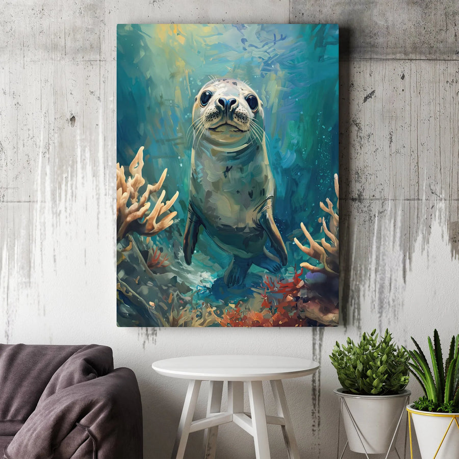 Cute Seal Canvas Wall Art | Whimsical Ocean Coral Reef Painting | 1.25-Inch Gallery Wrap Print | Coastal Home Decor Gift for Animal Lovers