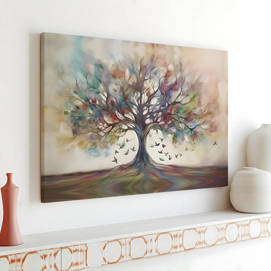 Abstract Tree Of Life Canvas Wall Art | Colorful Watercolor Forest Birds Print | Premium Gallery Wrap 1.25" Frame | Modern Home Office Decor Gift
