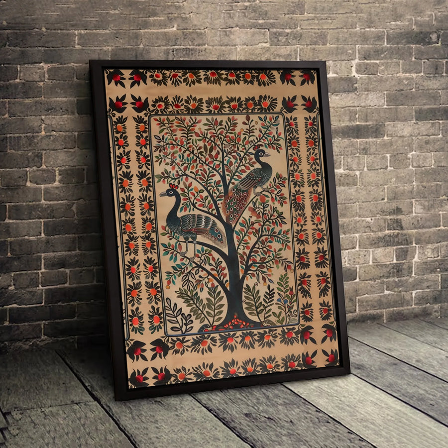 Indian Tree Of Life Canvas | Traditional Peacock Folk Art Print | 1.25 Inch Gallery Quality Premium Wall Decor | Ethnic Gift For Home Office