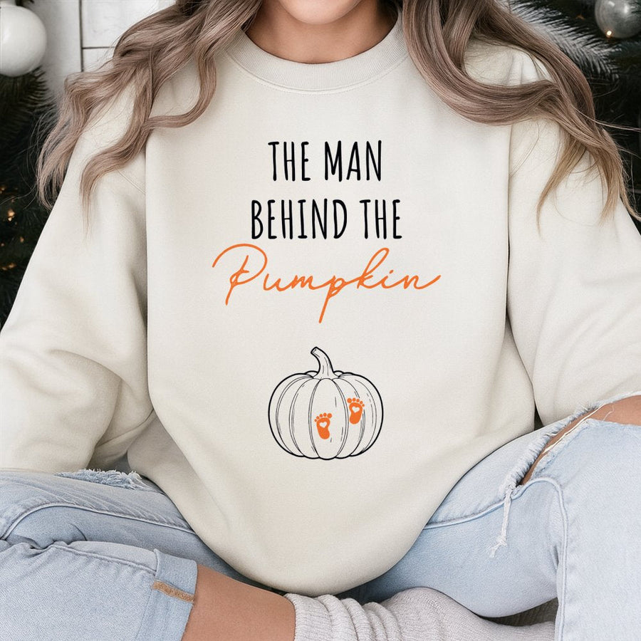 The Man Behind The Pumpkin Sweatshirt | Funny Halloween Pregnancy Announcement | Soft Cotton Blend Crewneck | Cute Expectant Dad Gift