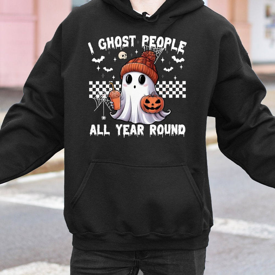 I Ghost People All Year Round Hoodie | Spooky Cute Aesthetic Ghost Graphic | Premium Cotton-Blend Pullover | Funny Halloween Gift for Ghost Lovers
