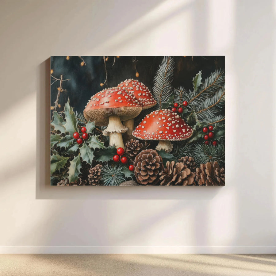 Christmas Mushroom Wall Art | Red Amanita Holly Pine Cone Canvas Print | Premium Gallery Wrap Decor | Holiday Seasonal Home Gift