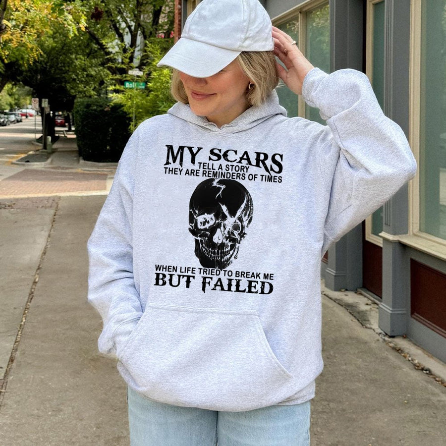 My Scars Tell A Story Hoodie | Gothic Skull Graphic Pullover | Premium Cotton-Poly Blend | Inspirational Quote Gift for Strength and Resilience
