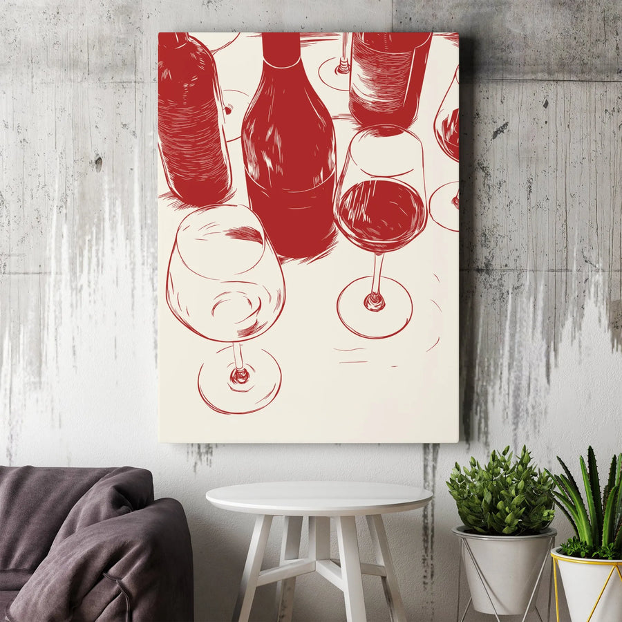 Wine Wall Art Canvas | Minimalist Red Sketch Illustration | Gallery-Quality 1.25-Inch Profile | Home Decor Gift for Wine Lovers