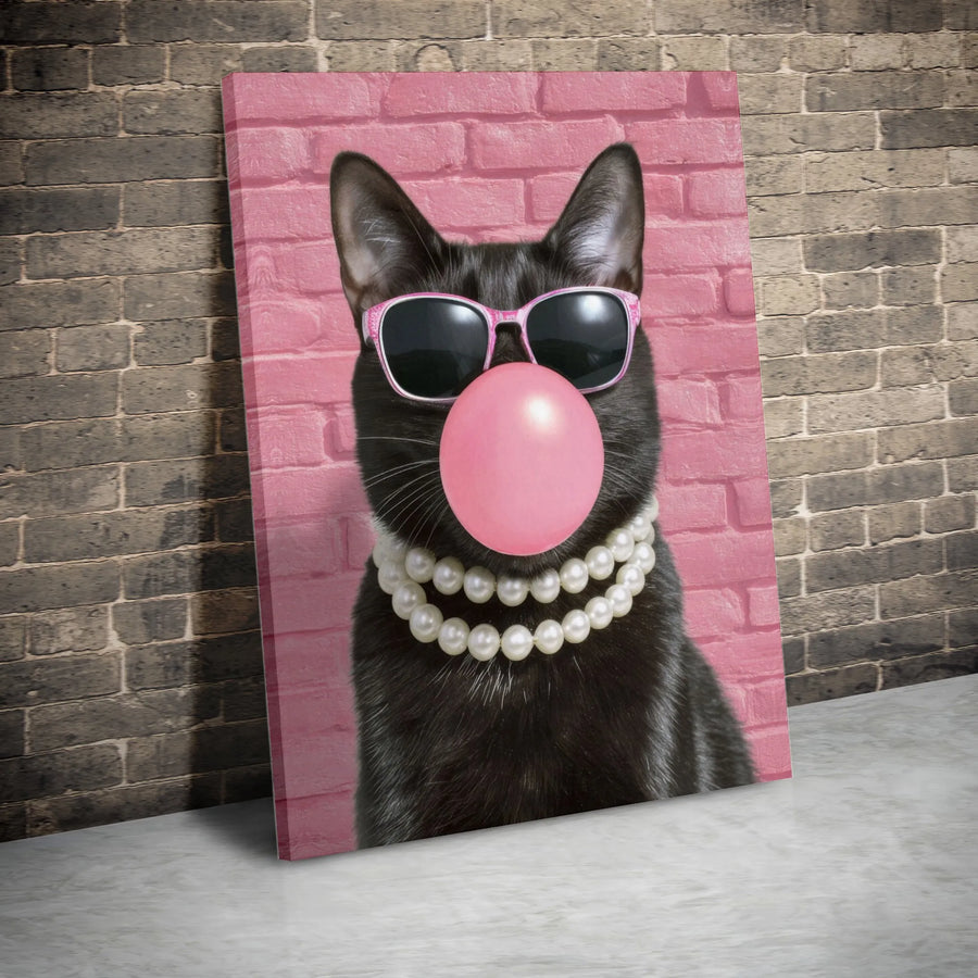 Black Cat Canvas Wall Art | Pink Sunglasses Bubble Gum Portrait | Premium Gallery Wrap Print | Whimsical Animal Decor For Cat Lovers