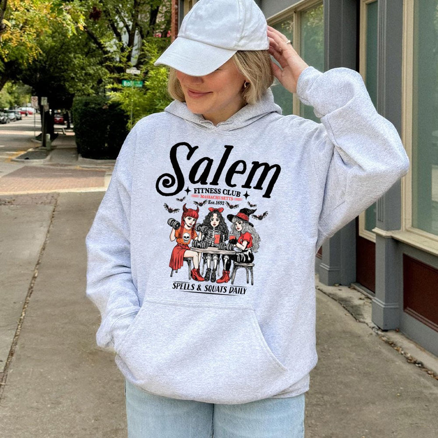 Salem Fitness Club Hoodie | Spells and Squats Graphic Tee | Cotton Blend Premium Pullover | Funny Witchy Halloween Gift for Gym Lovers