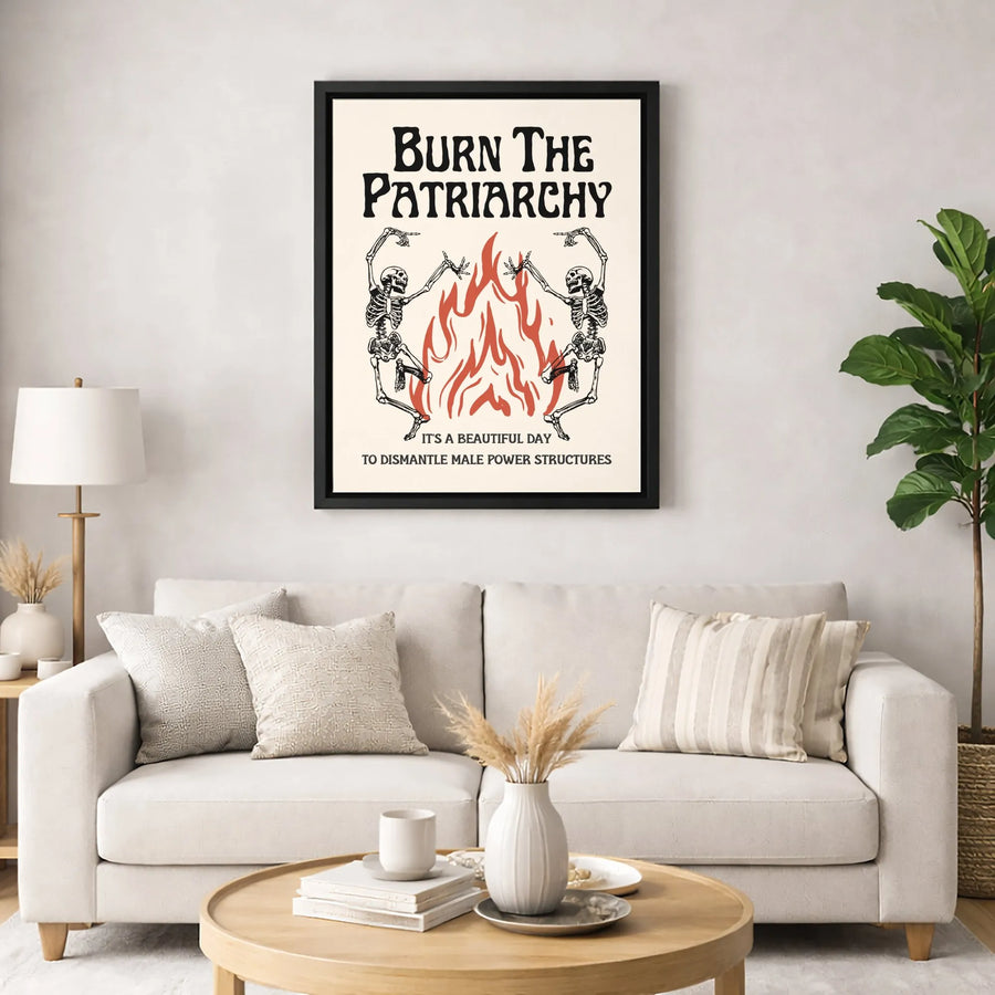 Burn The Patriarchy Art Print | Dancing Skeleton Wall Decor | Premium 1.25" Gallery Wrap Canvas | Feminist Home Office Gift