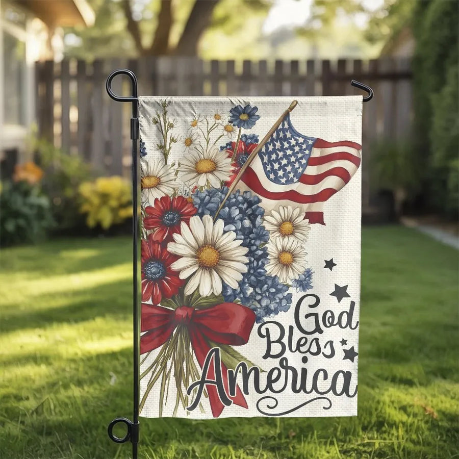 God Bless America Garden Flag | Watercolor Floral American Flag Design | Double Sided Weather-Resistant Fabric | 4th of July Yard Decor Gift