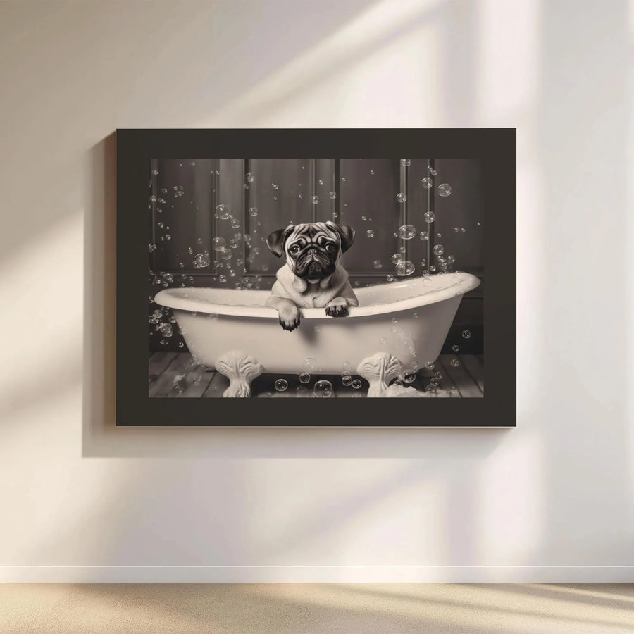 Pug in Bathtub Wall Art | Cute Puppy Bubble Bath Portrait | Premium Black and White Canvas Print | Bathroom Decor Gift for Dog Lovers