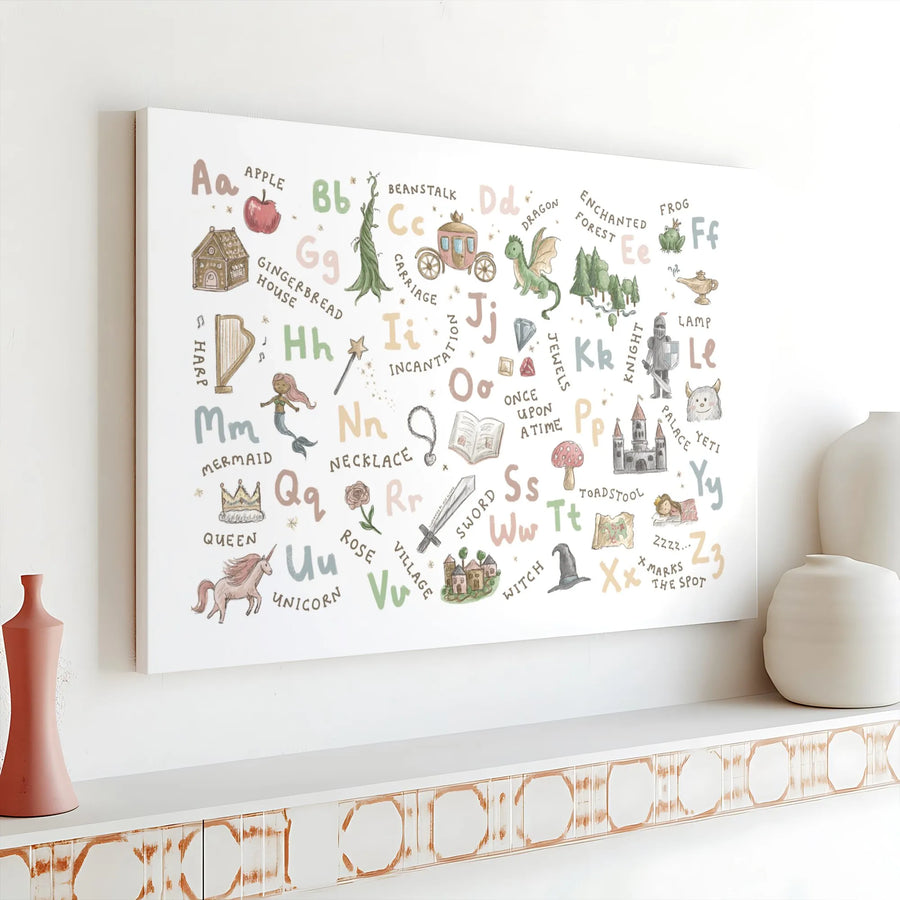 Fairy Tale Alphabet Canvas Art | Watercolor ABC Chart Print | High-Quality Gallery Wrap | Nursery Decor Educational Gift