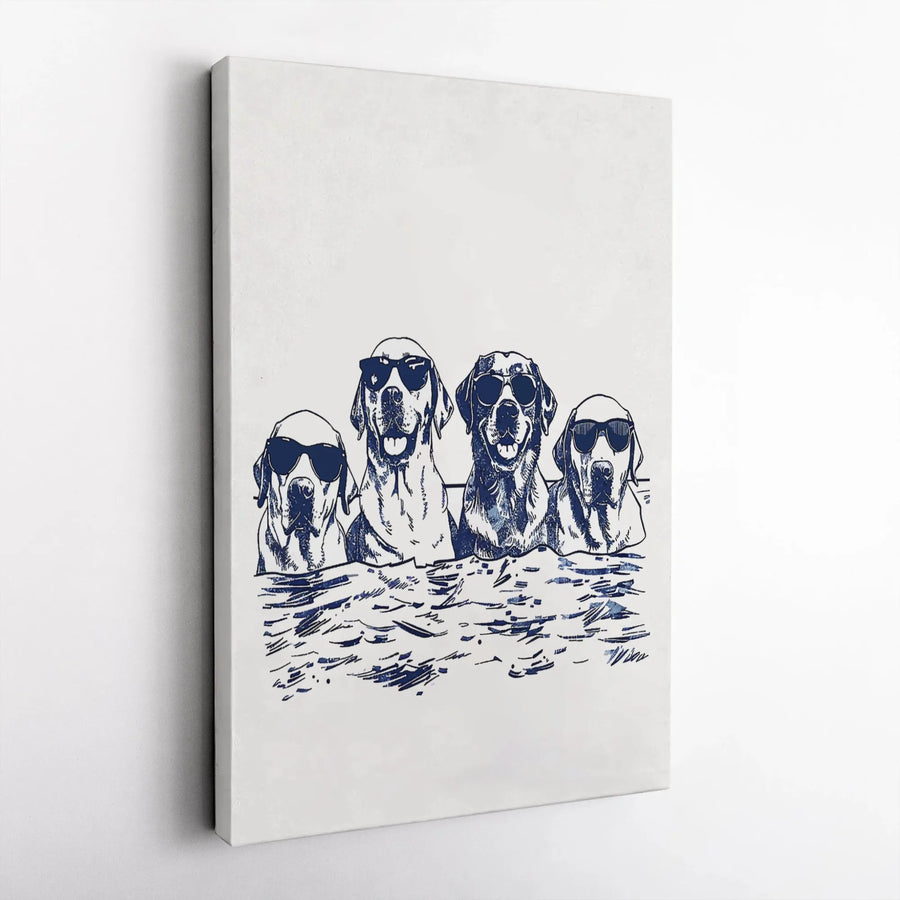 Four Labrador Dogs Swimming Canvas | Fun Beach Dog Wall Art | Premium Fade-Resistant Print | Gift for Dog Lovers & Pet Owners