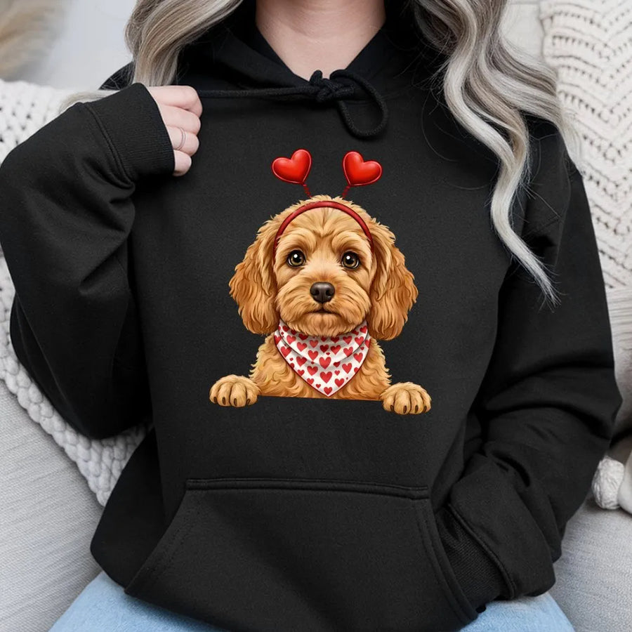 Valentine's Day Doodle Dog Hoodie | Cute Puppy with Heart Headband Design | Soft Cotton-Polyester Blend | Premium Gift for Dog Lovers & Pet Owners