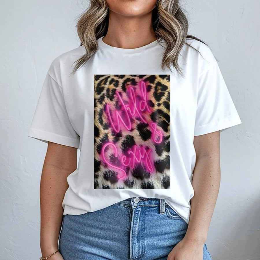 Wild and Sexy Leopard Print T-Shirt | Neon Pink Script Graphic | Premium Cotton Aesthetic Tee | Trendy Preppy Gift for Her