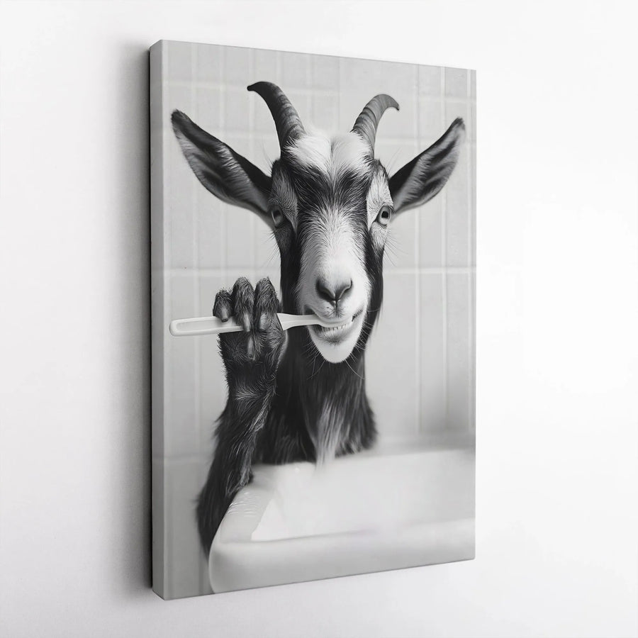 Funny Goat Brushing Teeth Canvas Art | Black and White Bathroom Wall Decor | Premium 1.25" Gallery Wrap | Whimsical Animal Farmhouse Gift