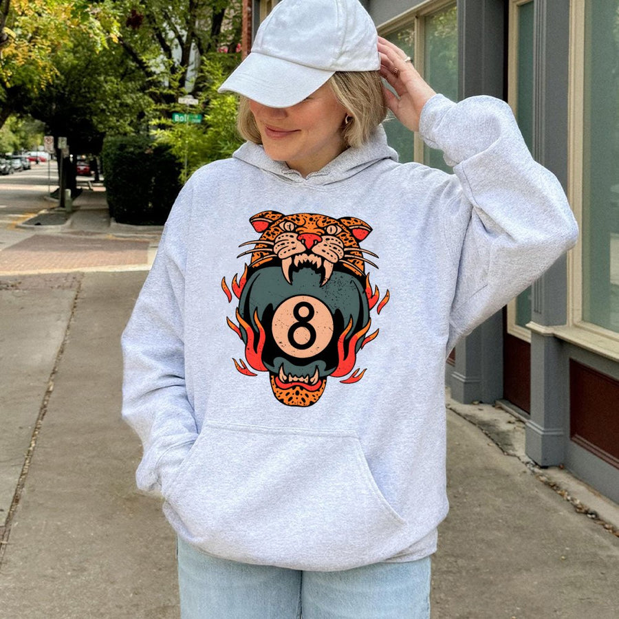 8 Ball Leopard Hoodie | Traditional Tattoo Graphic Art | Cotton-Blend Premium Streetwear | Unisex Grunge Gift for Alternative Style Lovers